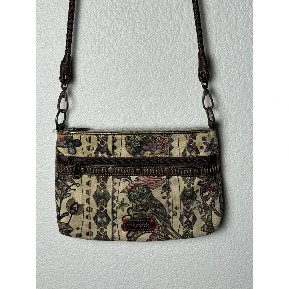 Sakroots Owl Floral Canvas Crossbody Bag Brown Braided Strap Small Boho Purse
